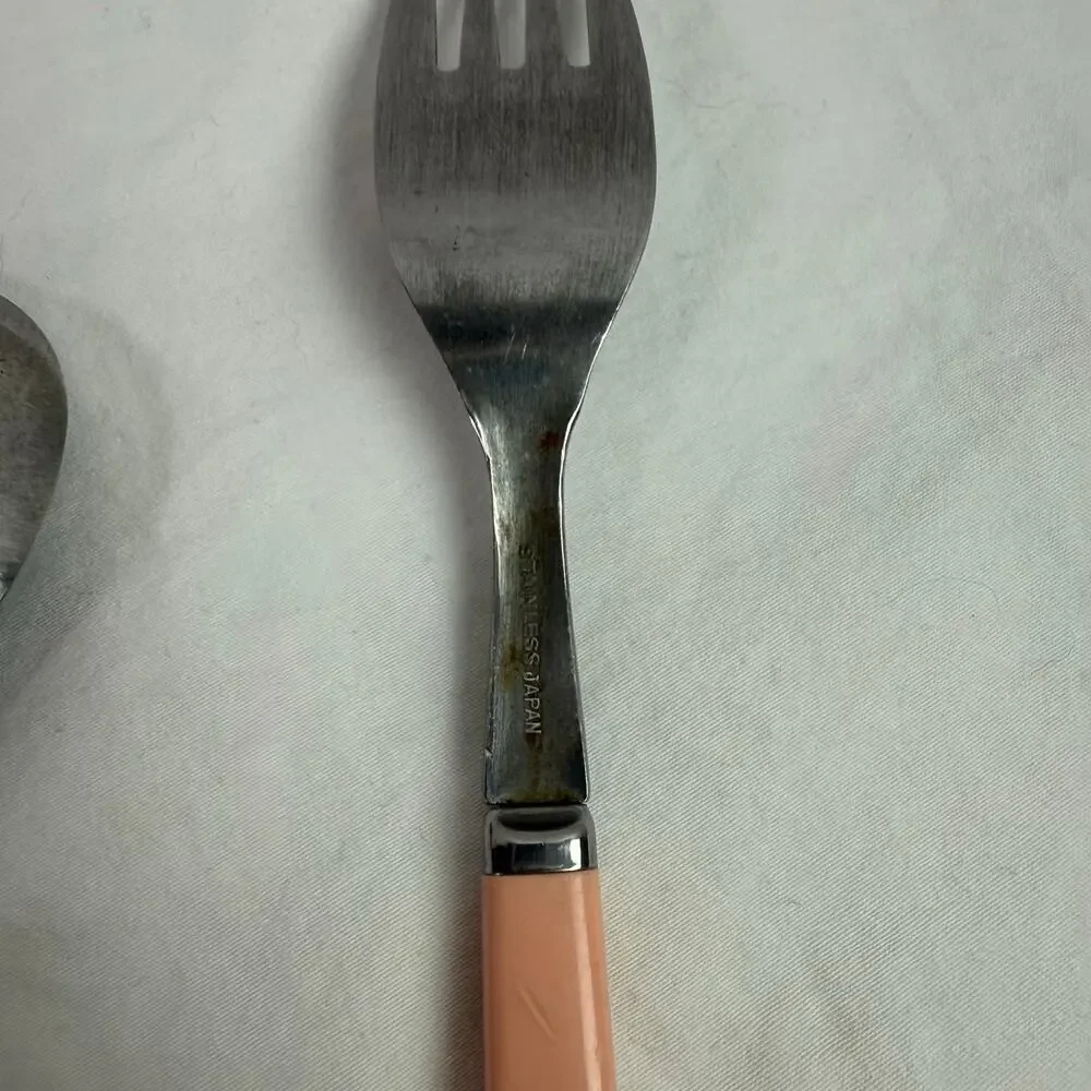 VTG Set of 8 Stainless Flatware Pink Plastic Handle Japan Knives Tea Spoon Forks
